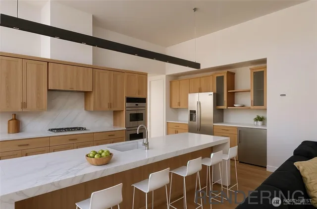 a kitchen with a table chairs and a stove