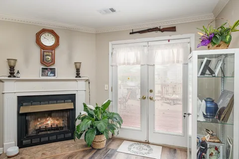a living room with a fireplace a clock and a potted plant