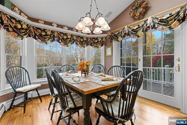 a view of a dining room with furniture window and outside view