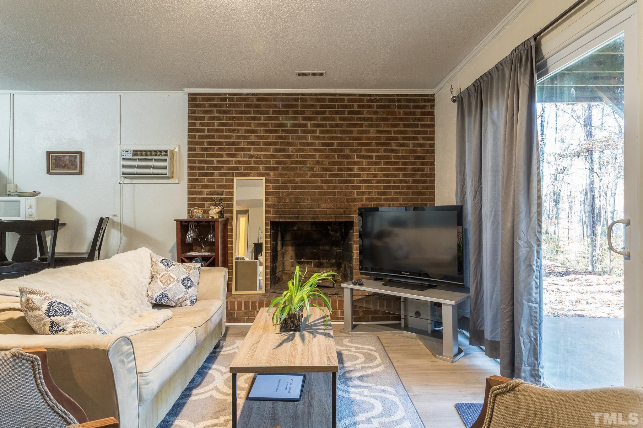 372 Cedar Lake Road Chapel Hill, NC 27516 - Photo 34 of 42 a living room with furniture a flat screen tv and a fireplace