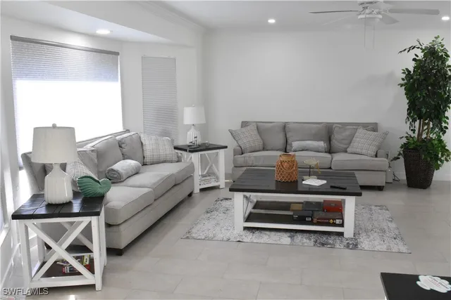 a living room with furniture and a potted plant