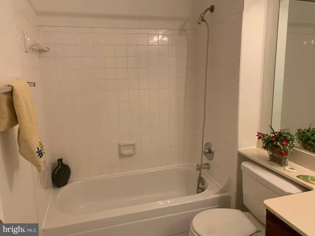 a bathroom with a bathtub shower sink vanity and toilet