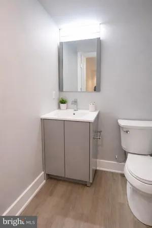 a bathroom with a toilet sink and mirror