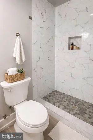a bathroom with a toilet and a shower