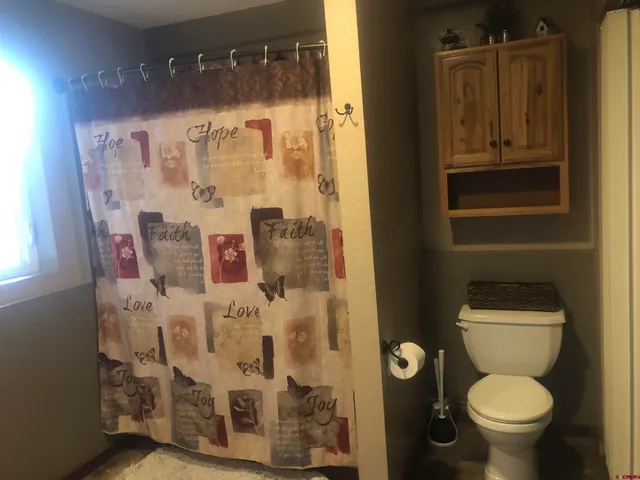a bathroom with a toilet and shower