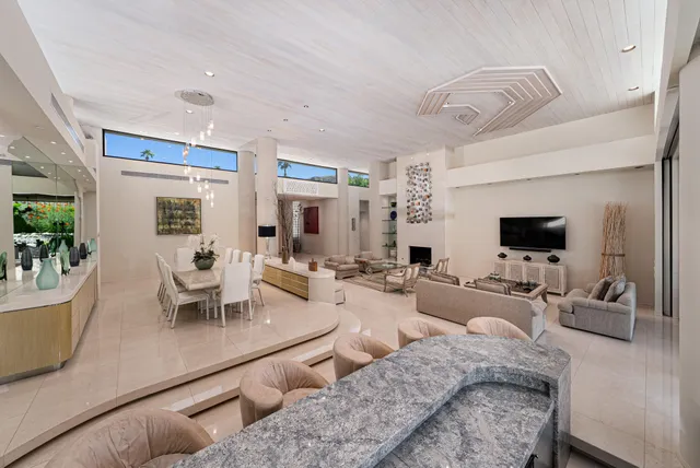 a living room with furniture and a potted plant