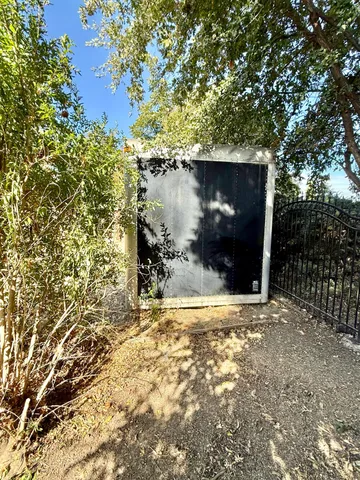 a view of a yard with large trees