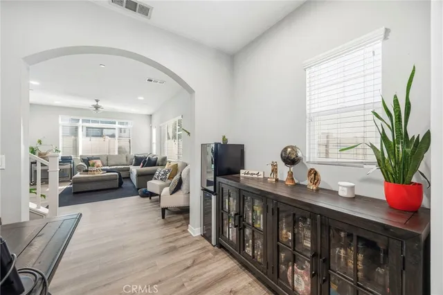 a living room with furniture and a potted plant