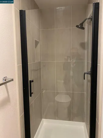 a bathroom with a shower and a toilet