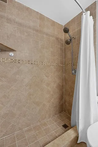 a bathroom with a shower and a toilet