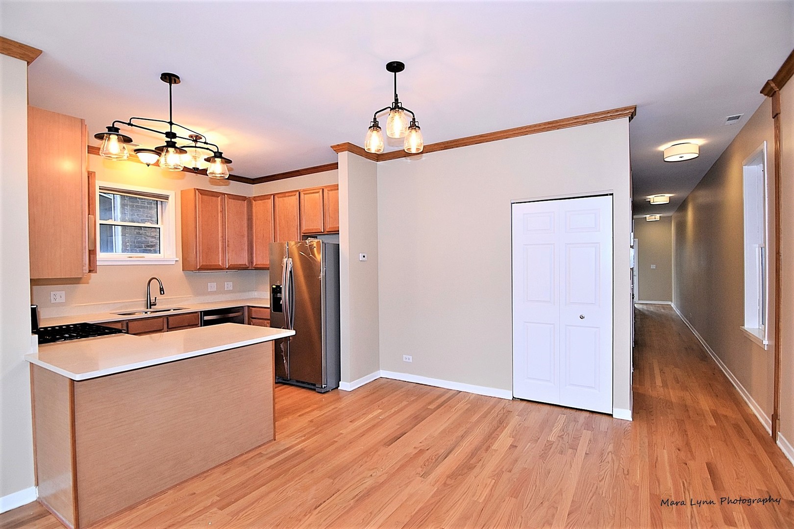 1311 West Fillmore Street, Unit B Chicago, IL 60607 - Photo 7 of 25 a kitchen with stainless steel appliances granite countertop a sink dishwasher a refrigerator and wooden floor