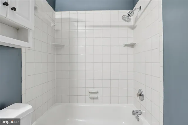 a bathroom with a shower and toilet