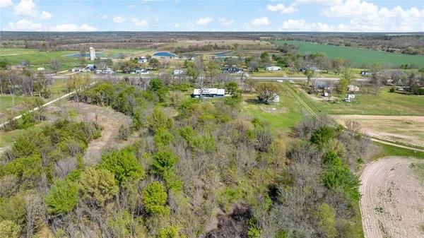 an aerial view of residential houses with outdoor space and trees