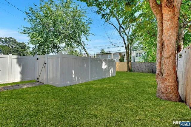 a view of a backyard with a tree