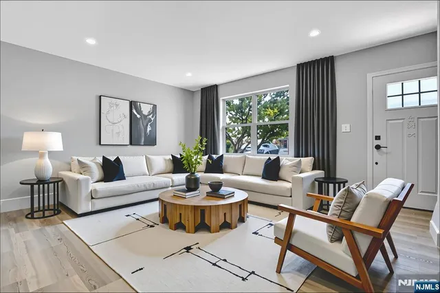 a living room with furniture potted plant and windows