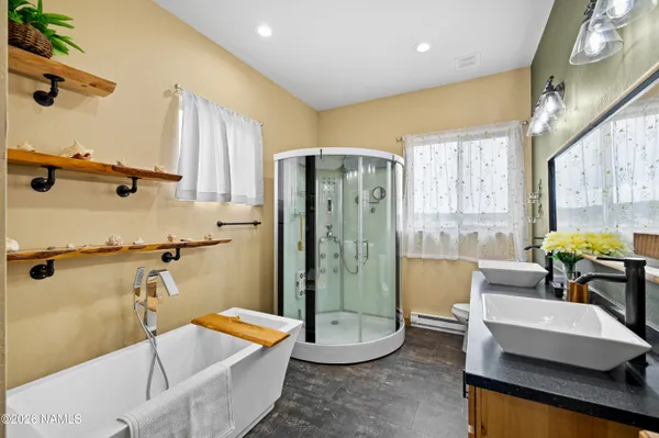 a bathroom with a tub a sink and a shower