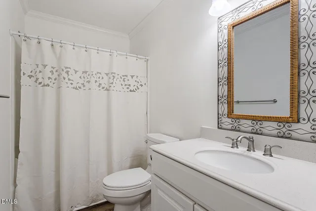 a bathroom with a granite countertop sink toilet and a mirror