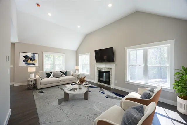 a living room with furniture or window and a fireplace