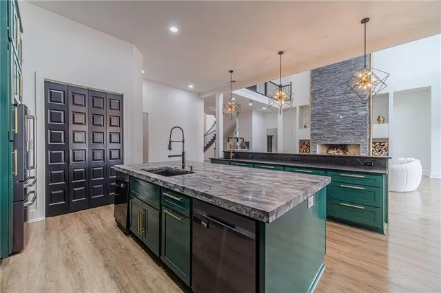 a living room with furniture fireplace and a fireplace