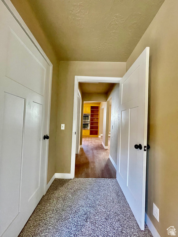 255 West Main Street Mount Pleasant, UT 84647 - Photo 18 of 35 Hallway featuring two white panel doors with matte black hardware, textured tan walls, and carpet flooring