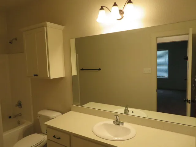 a bathroom with a sink mirror vanity and toilet