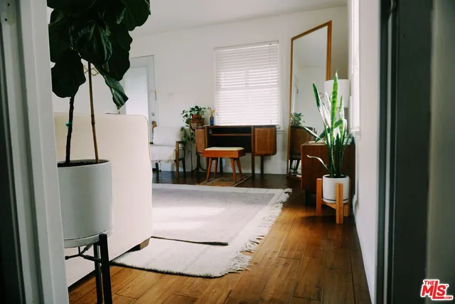 a living room with furniture and a potted plant