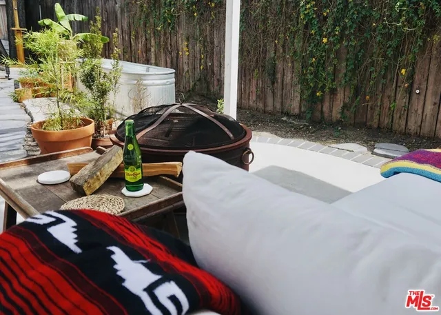 a view of a backyard with furniture and a potted plant