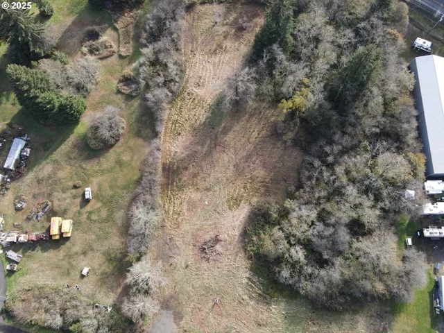 a view of a dry yard with trees in the background
