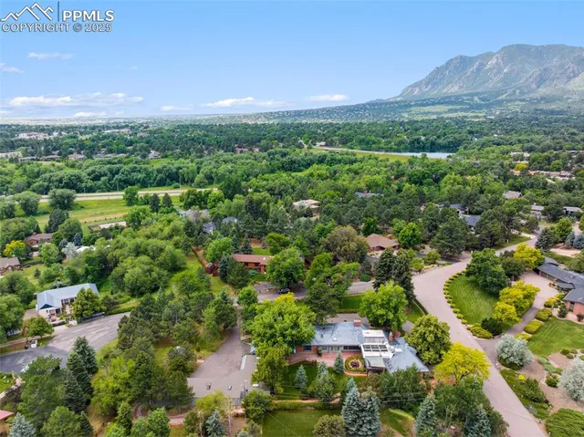 a view of a city with lush green forest