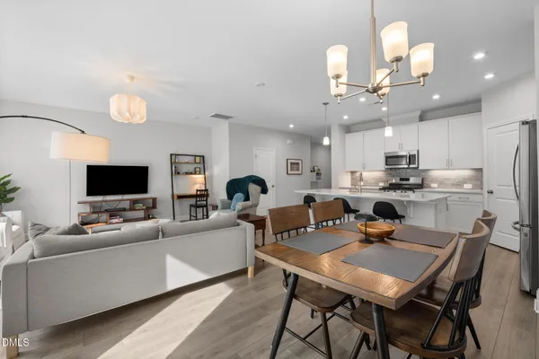 a view of a dining room with furniture