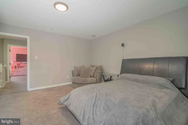 a large bedroom with a bed and painted walls