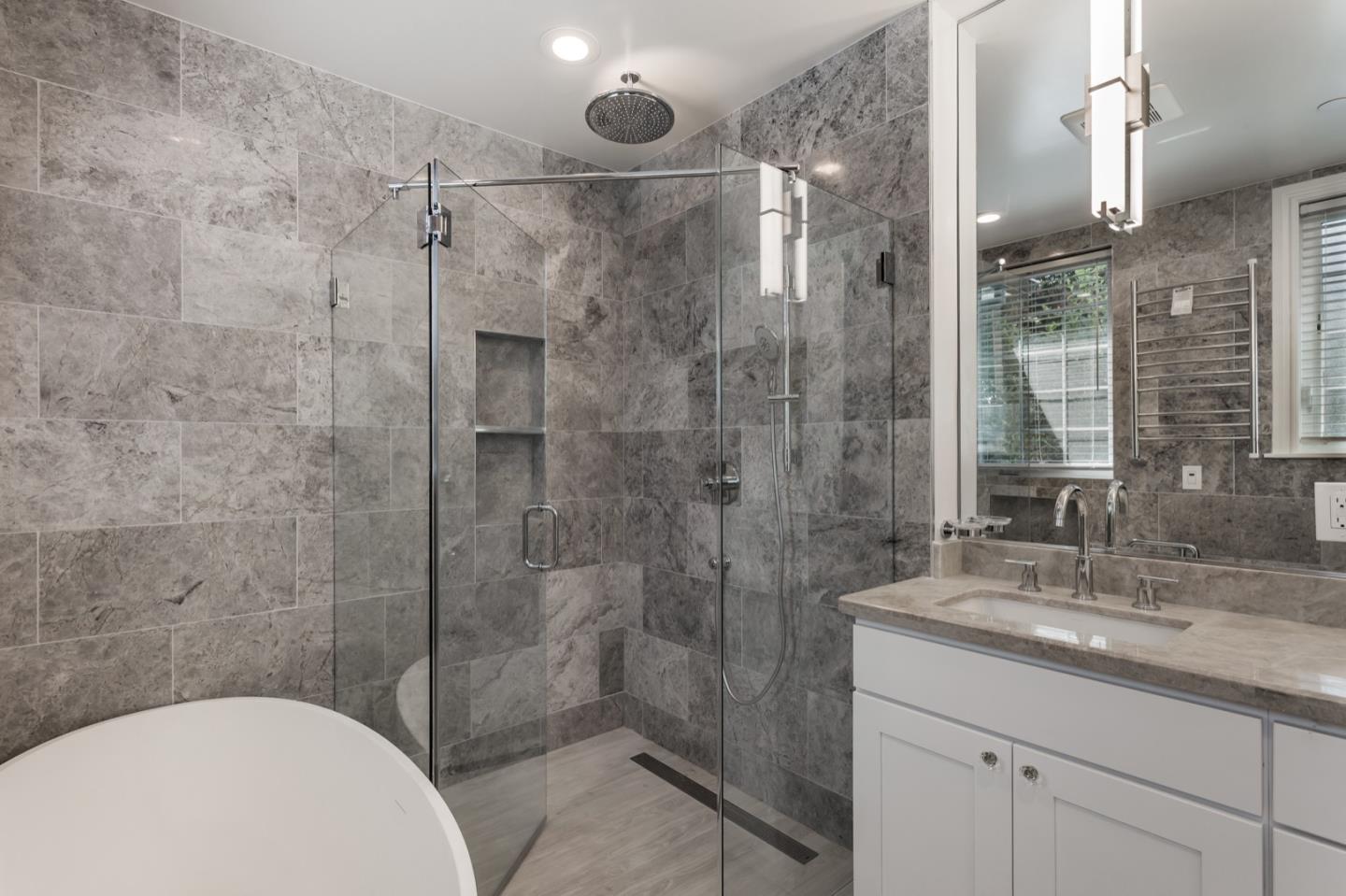 11 A Cowell Lane Atherton, CA 94027 - Photo 28 of 35 a bathroom with a shower sink vanity mirror and toilet