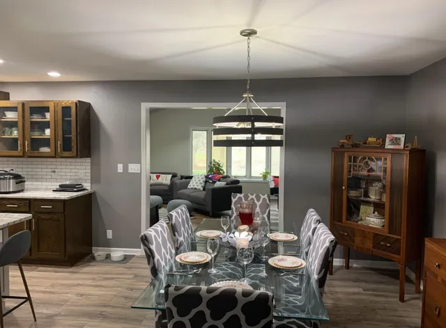 a view of a dining room with furniture