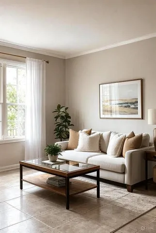 a living room with furniture and a potted plant next to a window