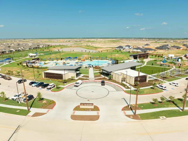 an aerial view of a swimming pool