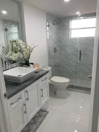 a bathroom with a sink a toilet and shower