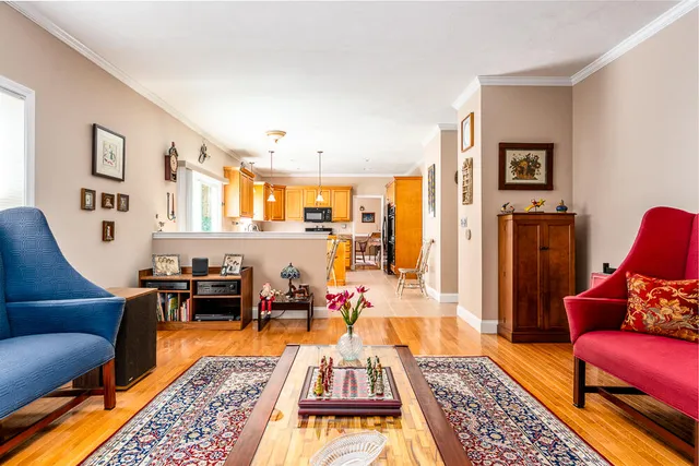 a living room with furniture rug and wooden floor