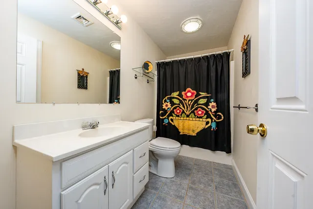 a bathroom with a sink a toilet and shower curtain