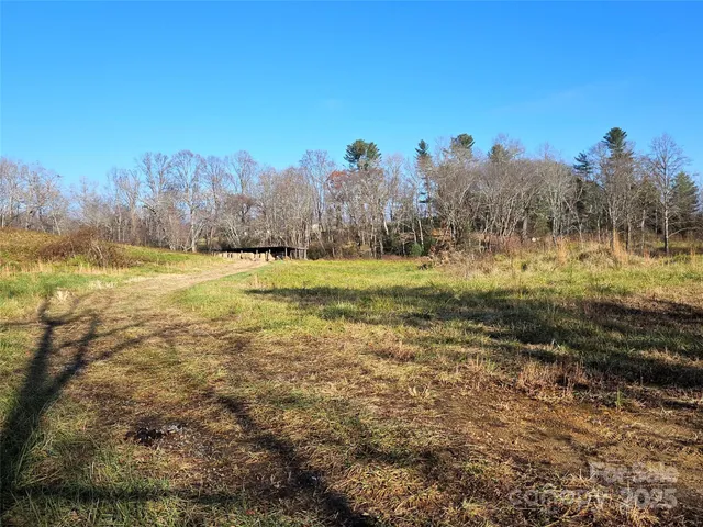 a view of a field with an trees in the background