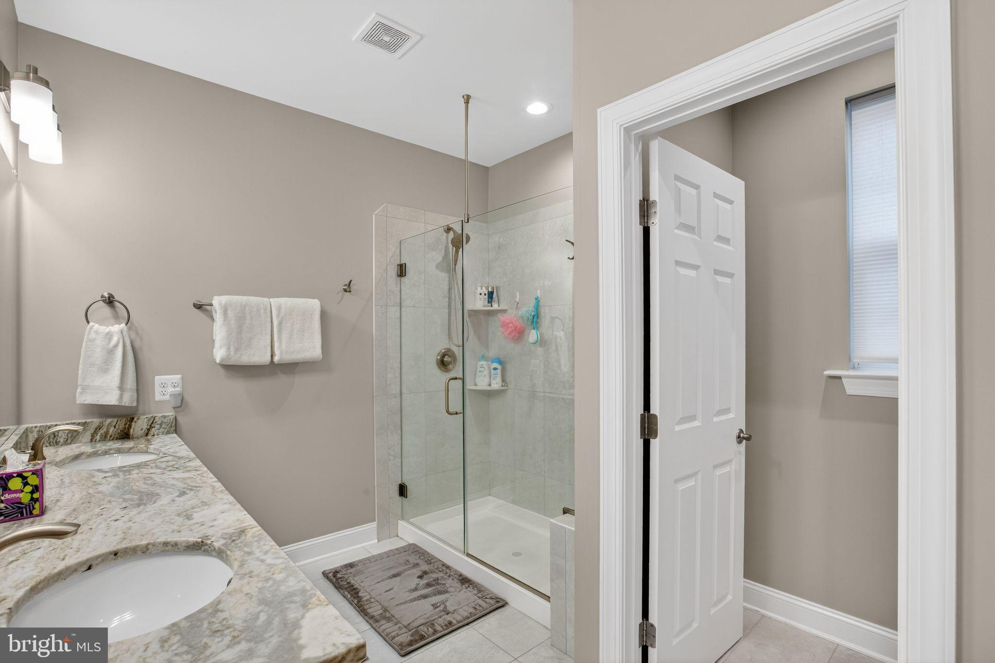14730 Locust Court Swan Point, MD 20645 - Photo 18 of 30 a bathroom with a granite countertop sink a mirror and shower
