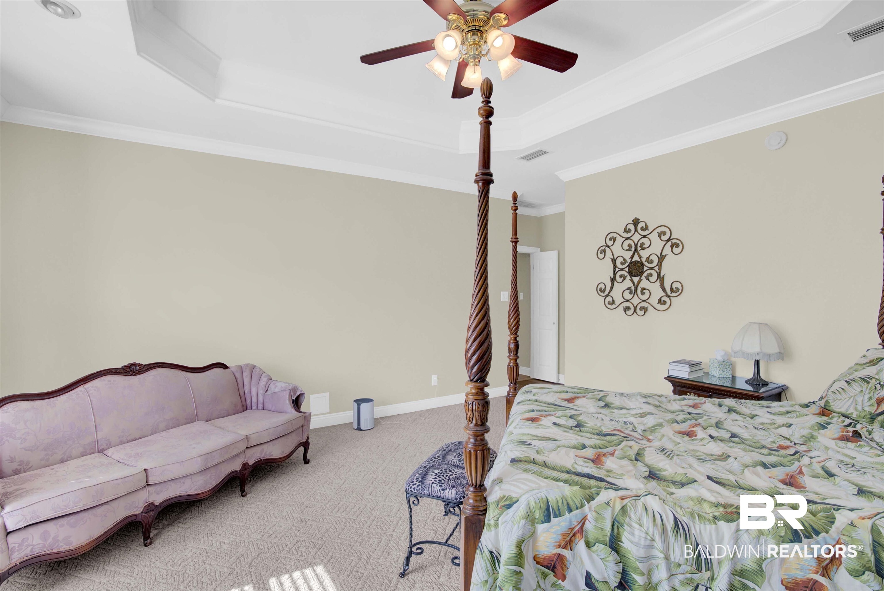 27688 Rigsby Road Daphne, AL 36526 - Photo 28 of 56 Carpeted bedroom featuring ceiling fan, a tray ceiling, and ornamental molding