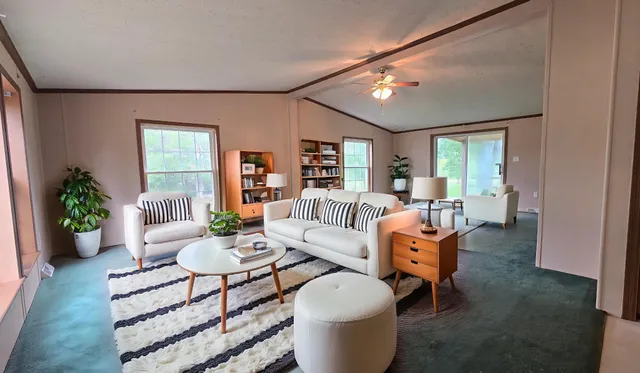 a view of a livingroom with a white door and wooden door