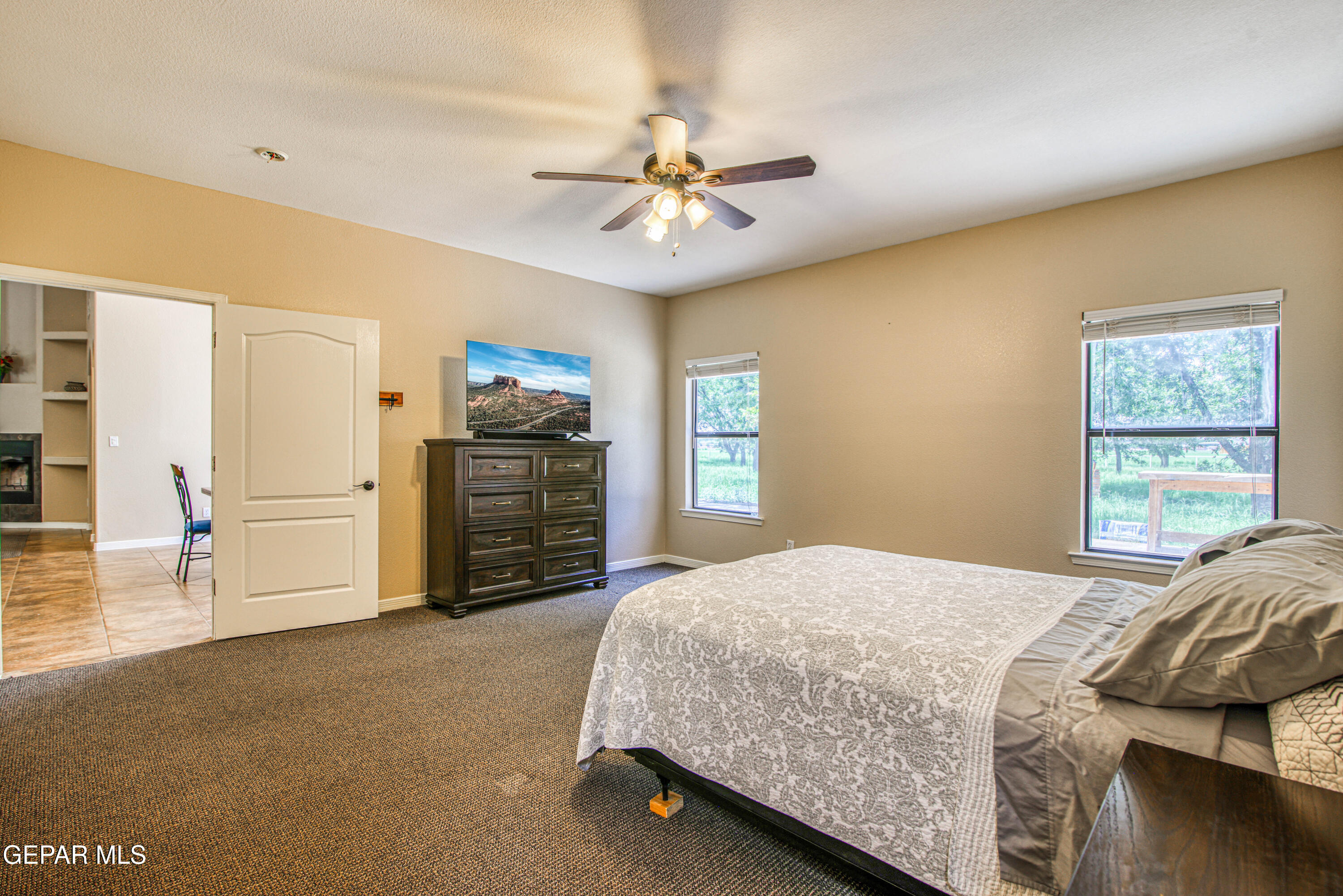 617 Wallace Road Anthony, NM 88021 - Photo 39 of 87 a bedroom with a bed a dresser and potted plants with the wooden floor