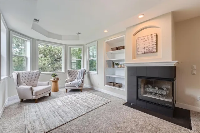 a living room with furniture and a fireplace
