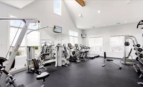 a living room with furniture a fireplace and a floor to ceiling window