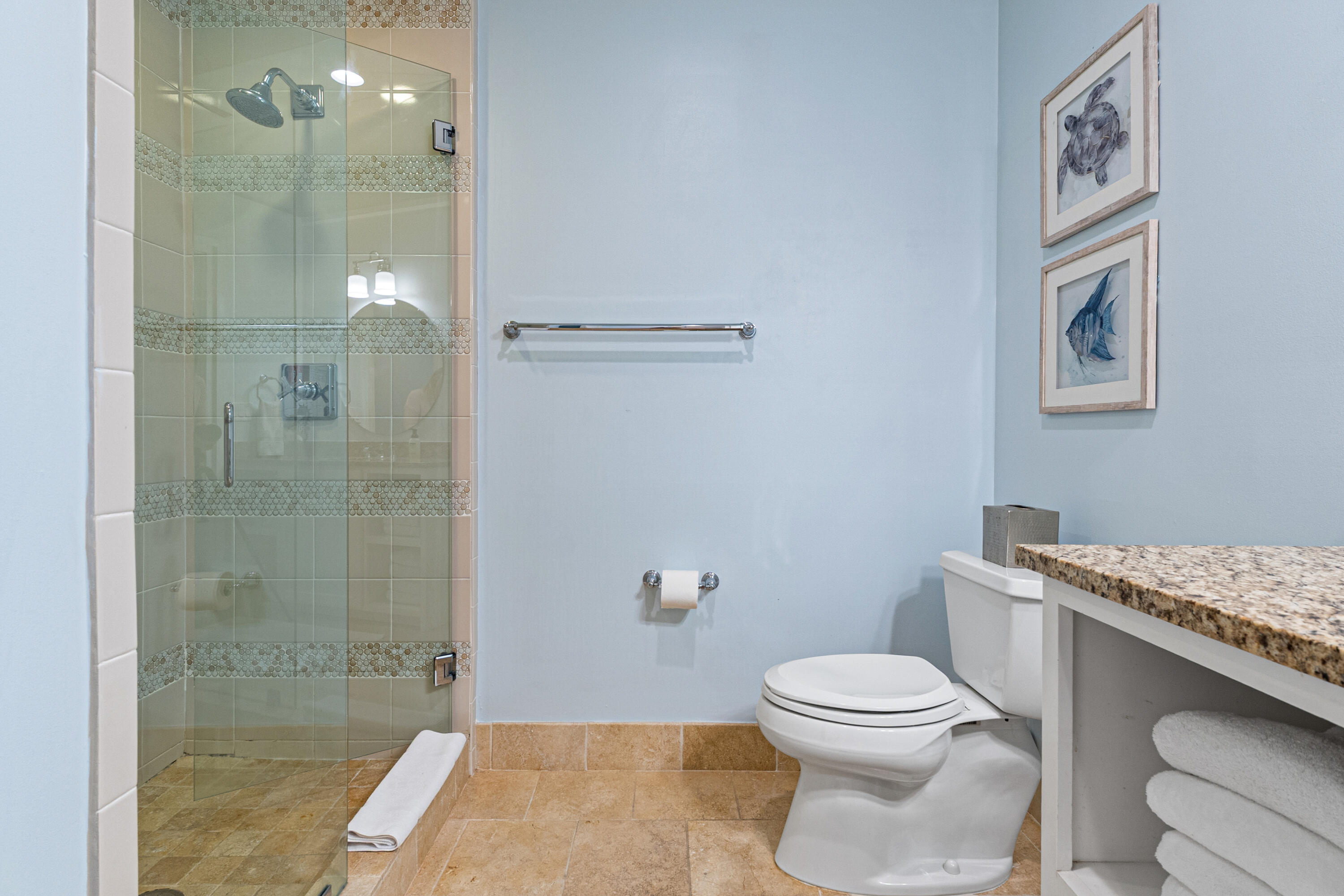 8377 East County Highway 30A, Unit 103 Inlet Beach, FL 32461 - Photo 26 of 36 a bathroom with a granite countertop toilet a sink and shower