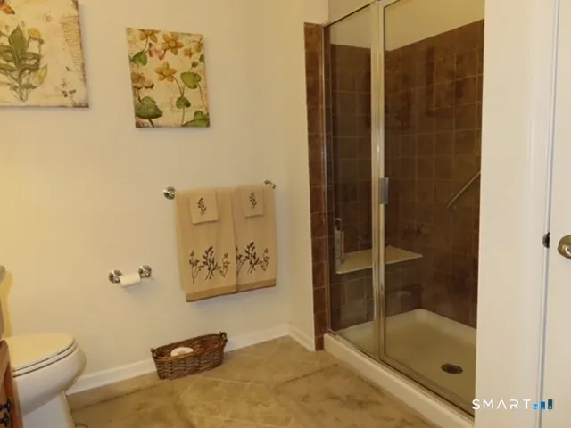 a bathroom with a shower and a toilet