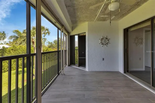 a view of a lake with palm trees