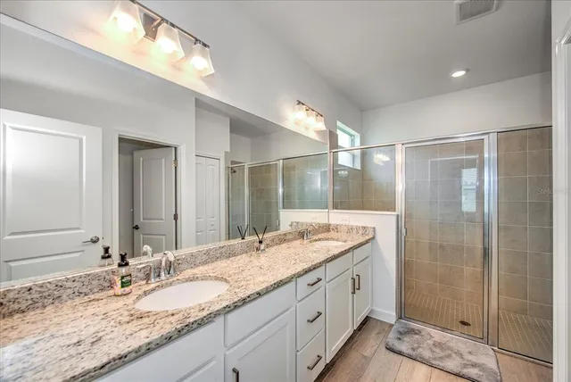 a bathroom with a granite countertop sink mirror and double