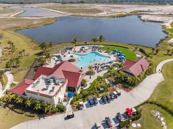 an aerial view of a house with a swimming pool